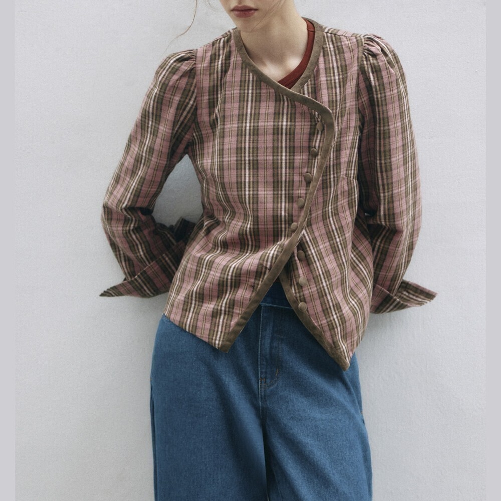 Brown Plaid Puff Sleeve Contrast Trim Asymmetric Button Jacket
